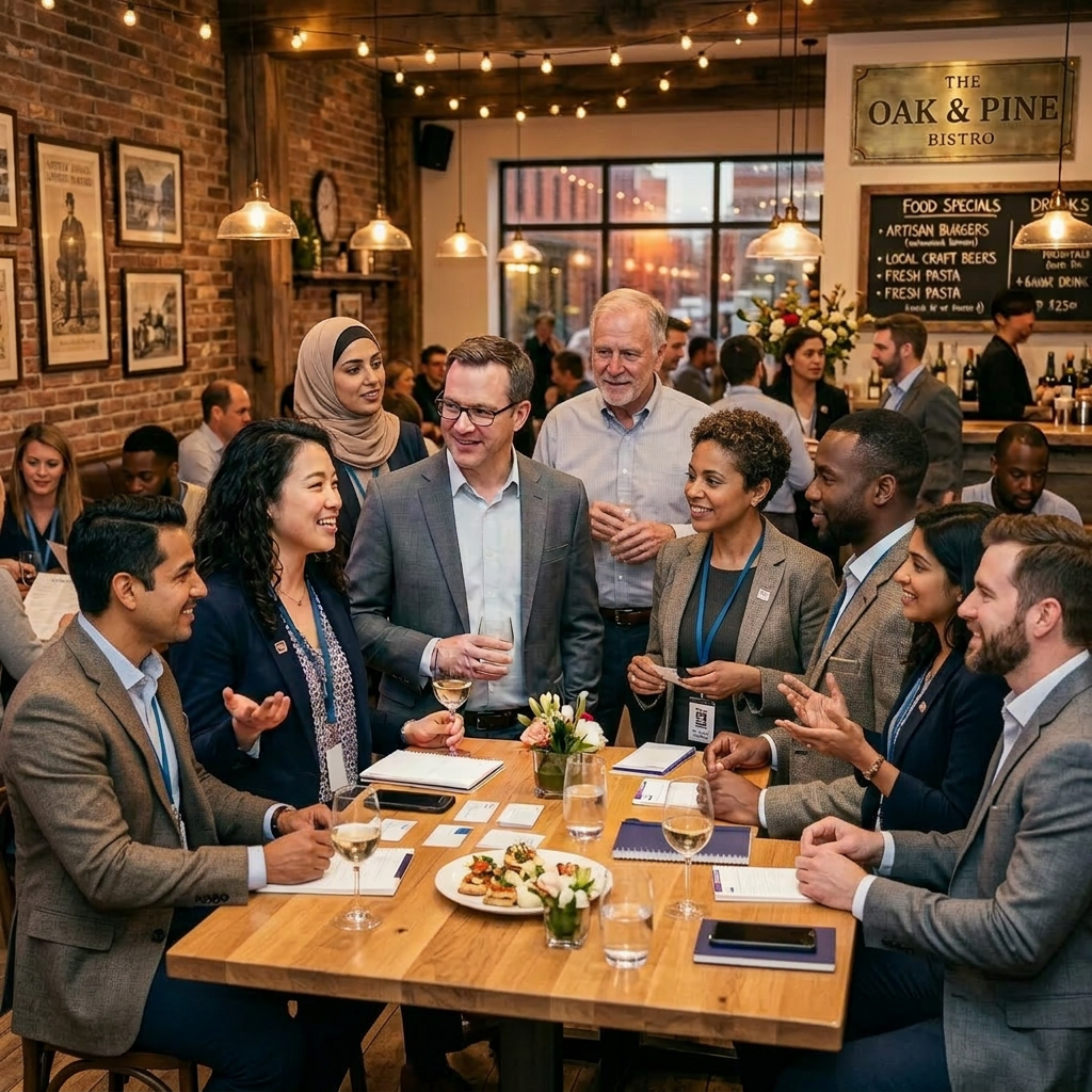 Diverse group of professionals conversing around a table with drinks and snacks