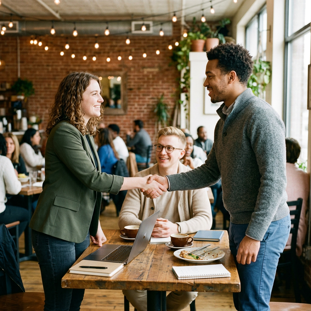 Two people shaking hands over a table with laptop and notebooks in a café