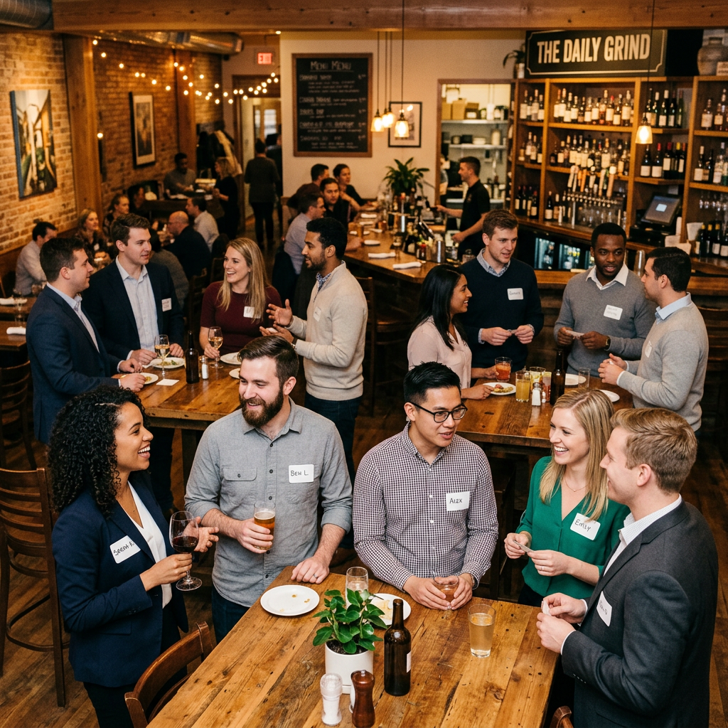 Group of professionals socializing at a bar networking event with drinks and name tags