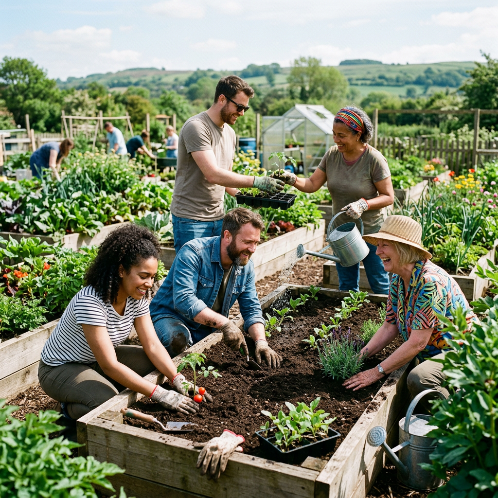 Group of diverse people planting vegetables in raised garden beds outdoors