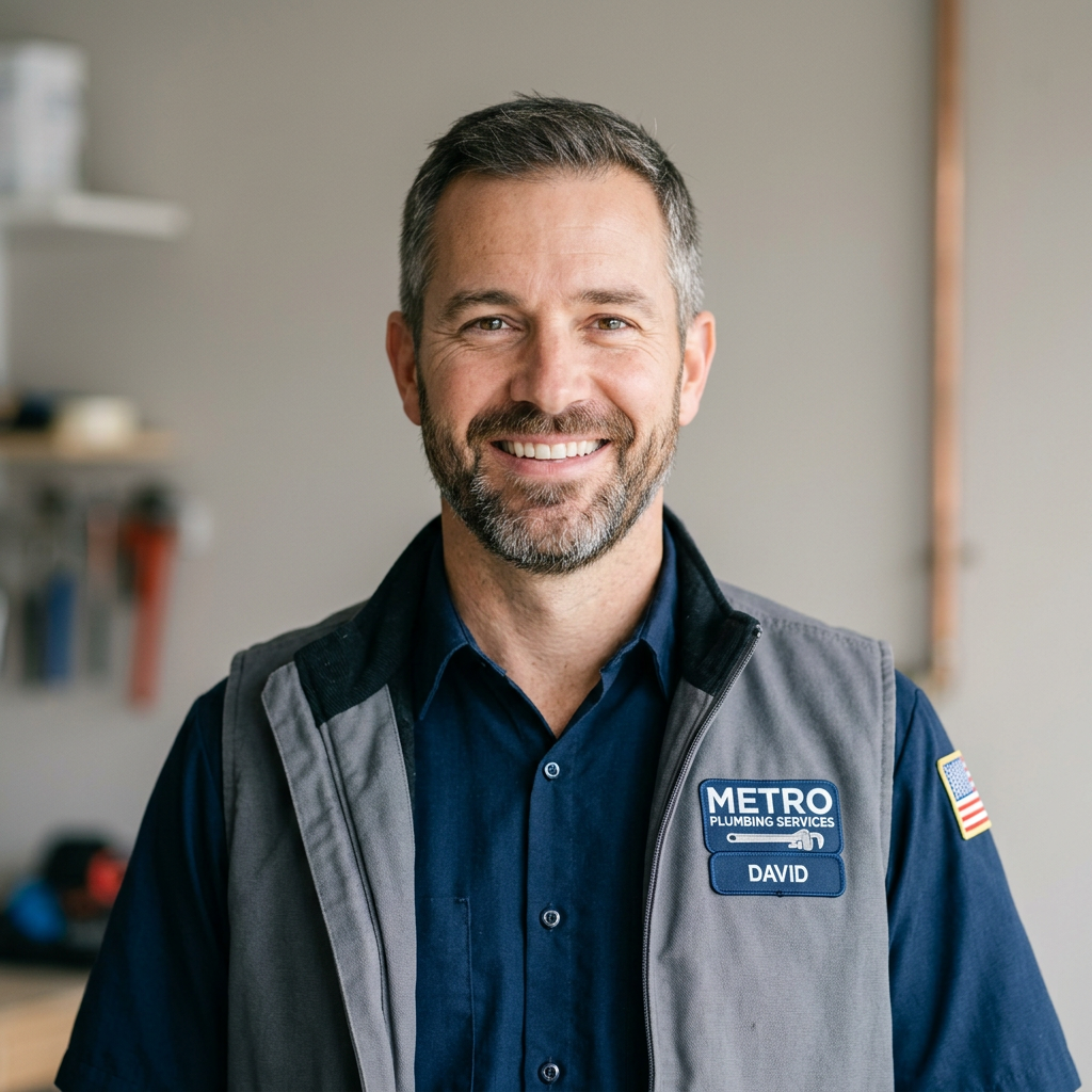 Smiling plumber David wearing a Metro Plumbing Services uniform with an American flag patch