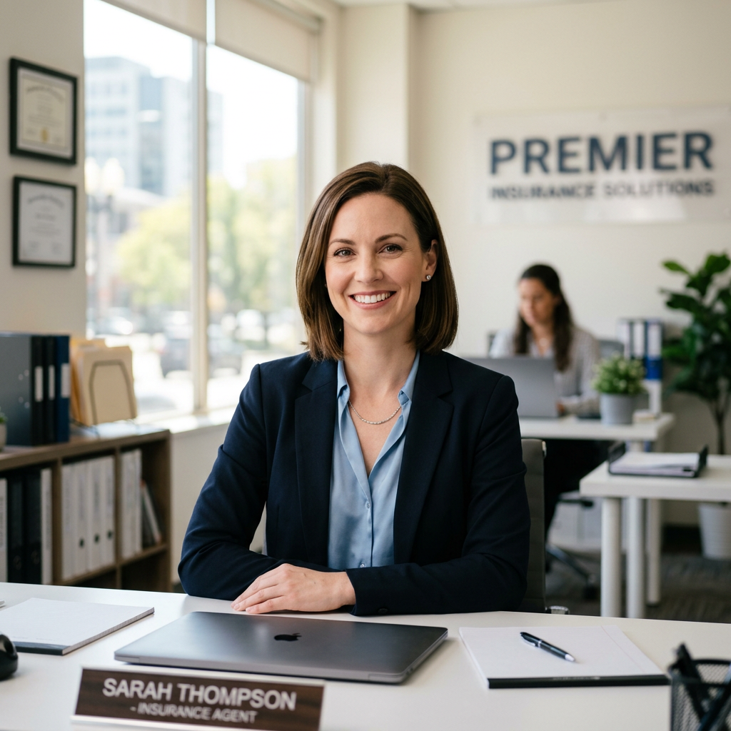 Insurance agent Sarah Thompson sitting at desk with laptop and nameplate