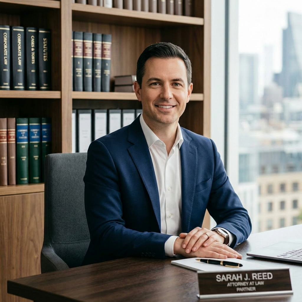 Female attorney sitting at desk with law books and nameplate